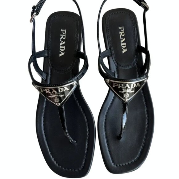 Prada Leather logo Sandals 39.5  $900 Lg triangle emblem with Box - Picture 1 of 7